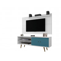 Manhattan Comfort 221-201AMC63 Liberty 62.99 Mid-Century Modern TV Stand and Panel with Solid Wood Legs in White and Aqua Blue